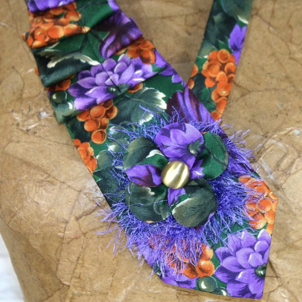 HAND CRAFTED Scarf Necklace Wrap Accessory Upcycled Necktie Purple Floral Grapes